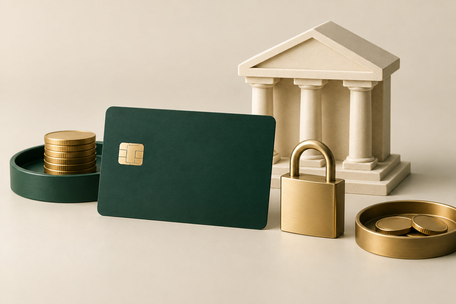 Neutrale Zahlungskarte neben Bankmodell, Vorhängeschloss und zwei getrennten Münzschalen für Einzahlung und Auszahlung.