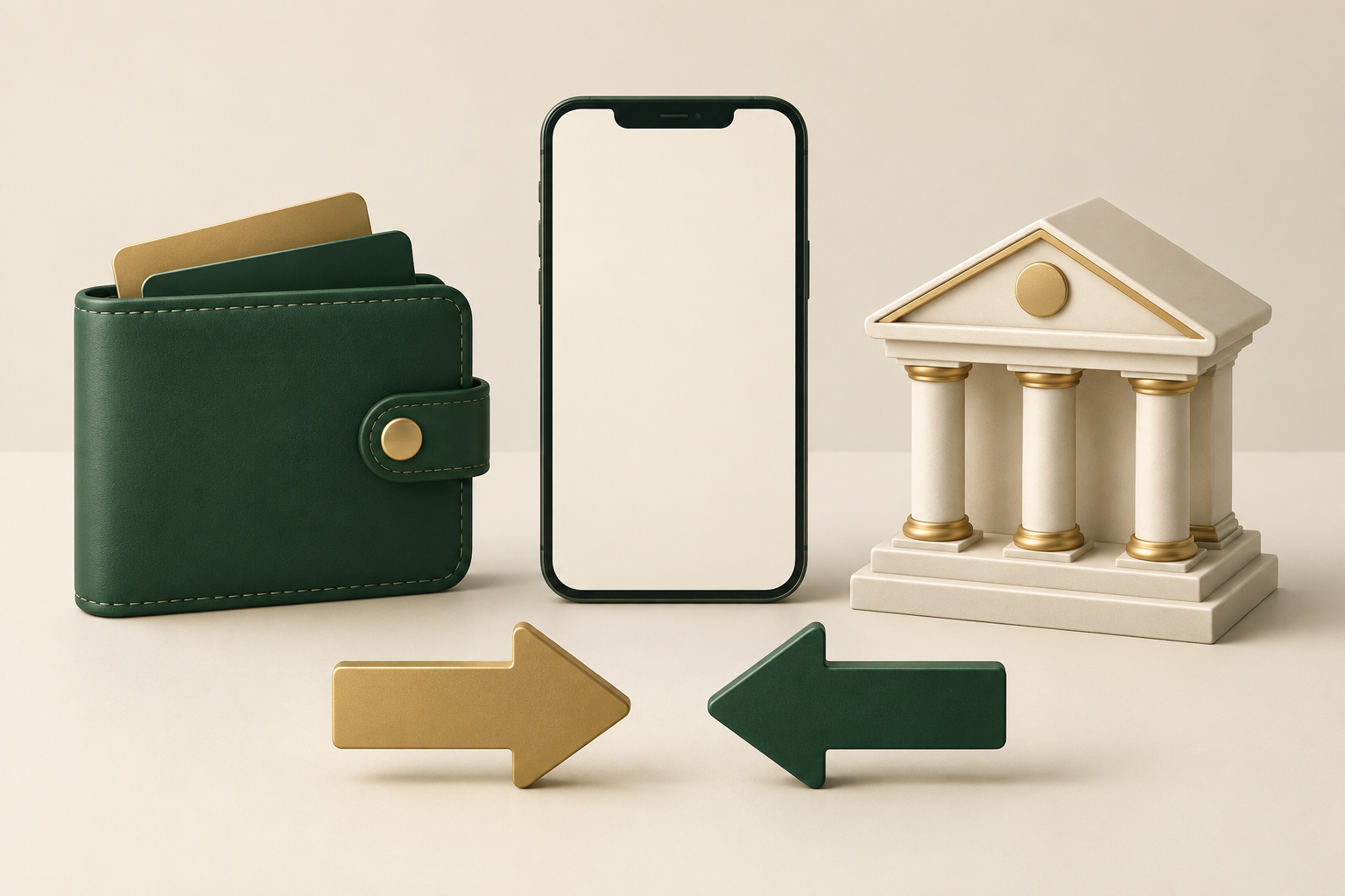 Grüne digitale Geldbörse neben einem Smartphone, einem Bankmodell und zwei gegenläufigen Pfeilen.