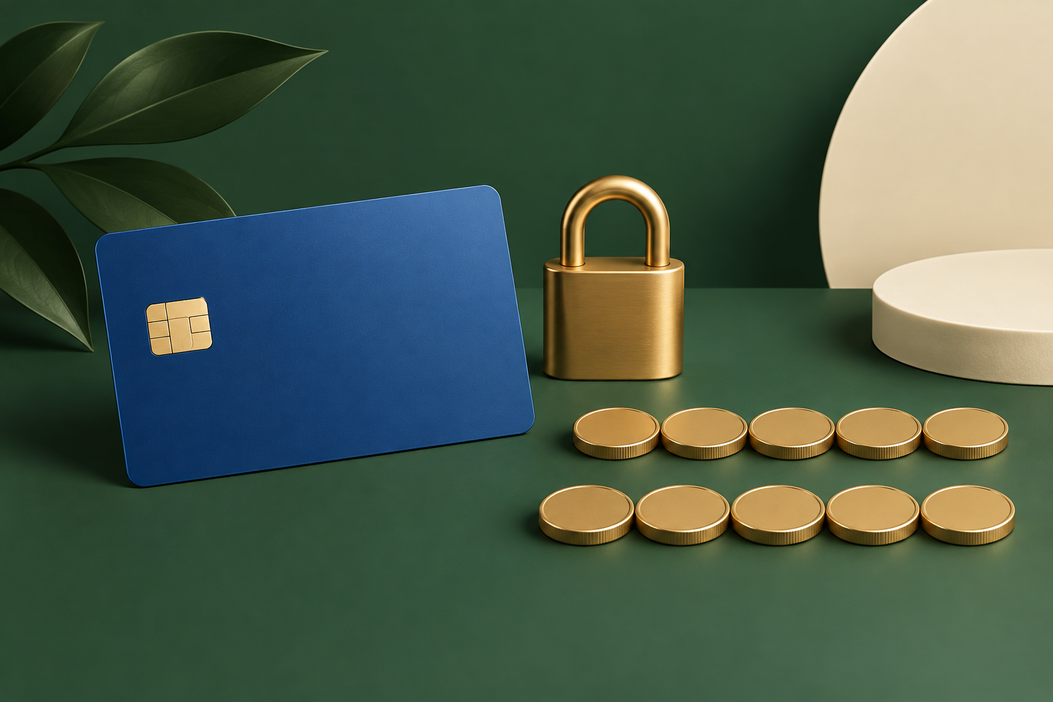 Blaue Zahlungskarte mit Chip neben einem Vorhängeschloss und zwei getrennten Münzreihen.