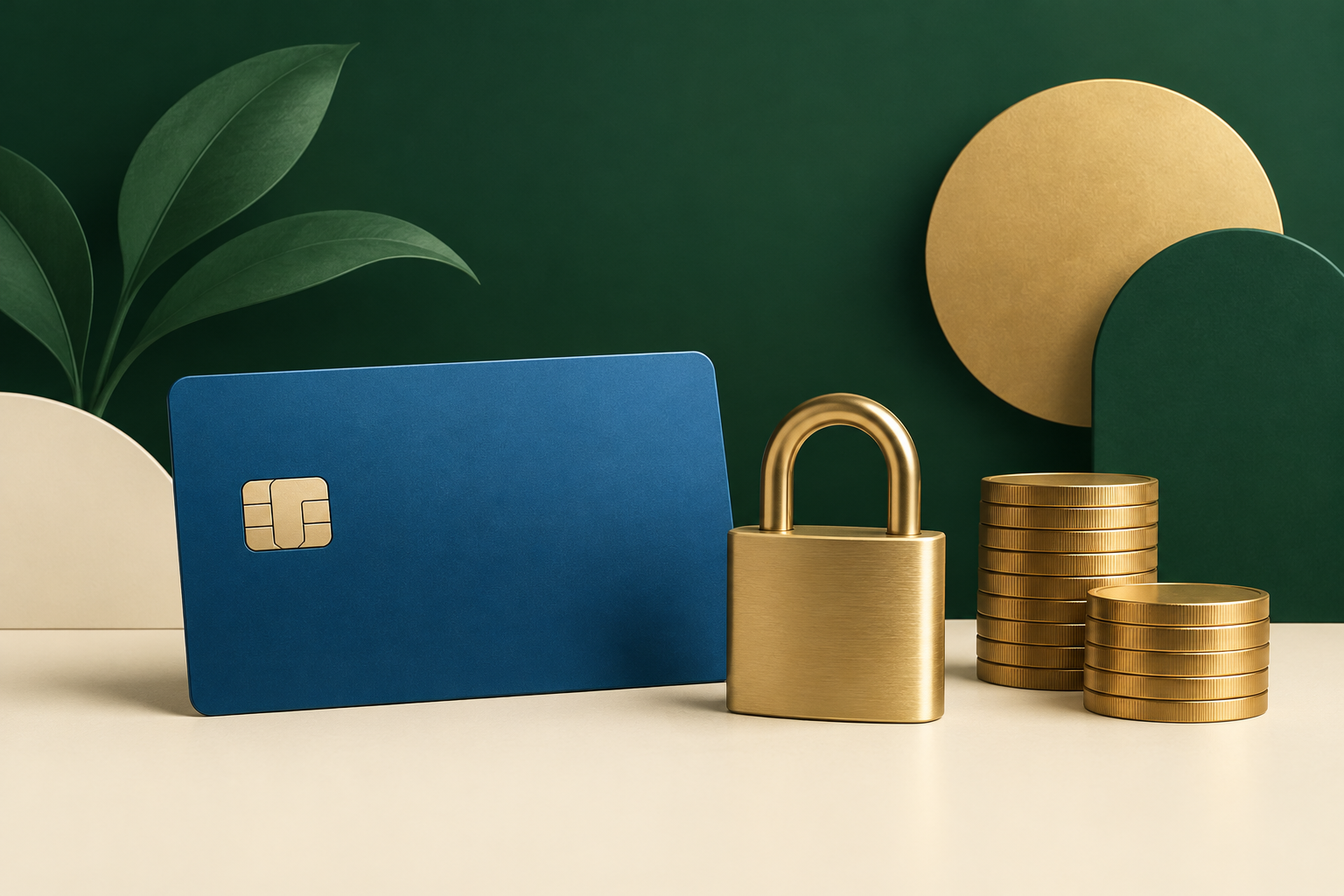 Blue payment card beside a padlock and two separate stacks of coins.