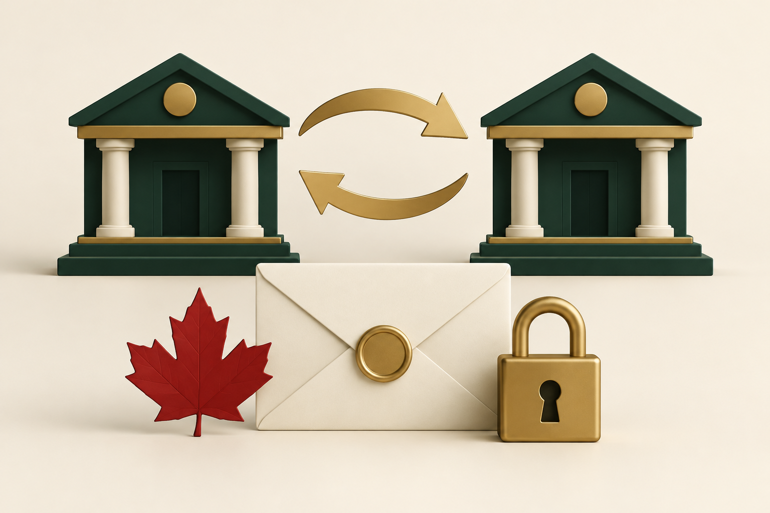 Two miniature banks connected by arrows beside an envelope, padlock and red maple leaf.