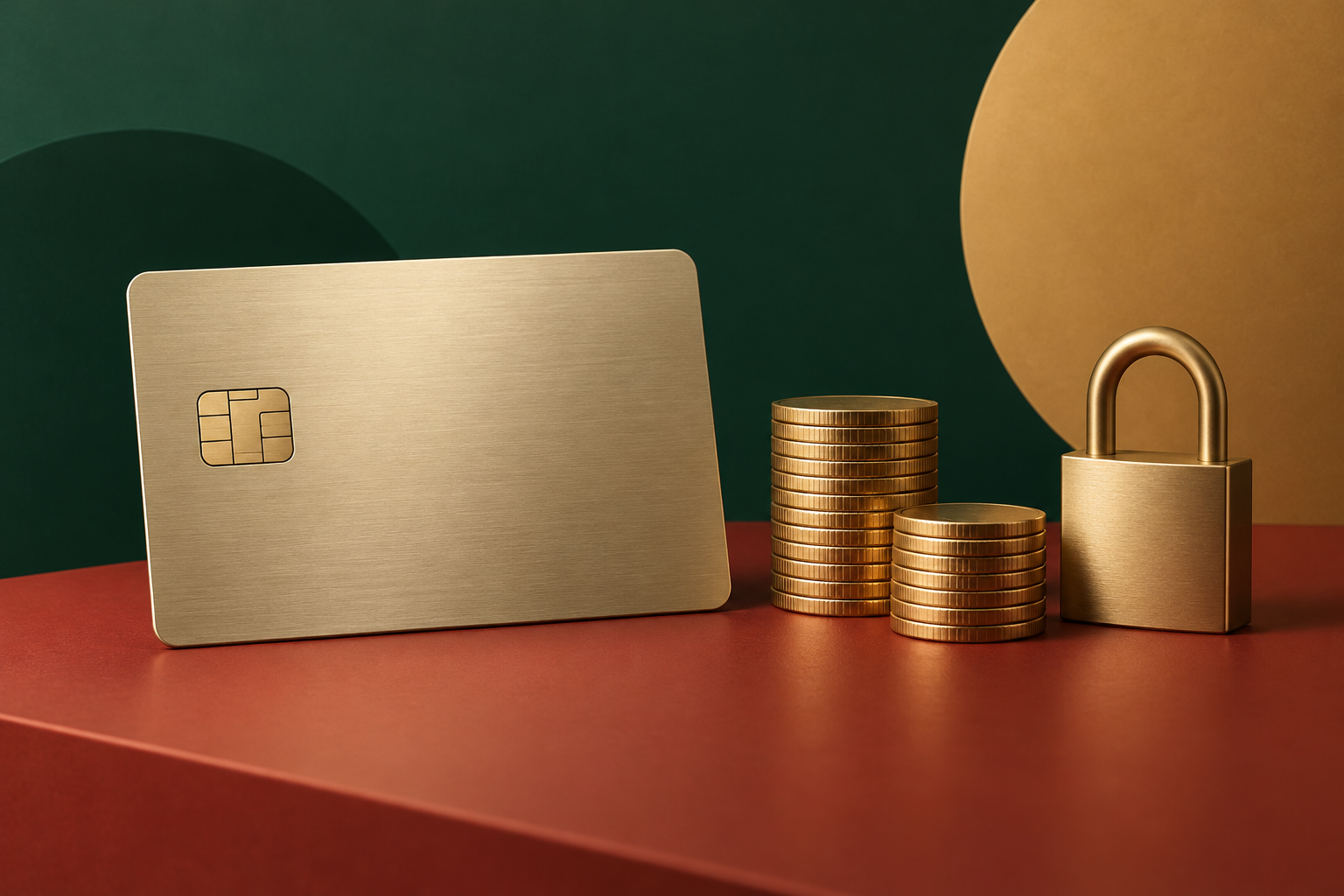 Unbranded payment card beside two coin stacks and a padlock.