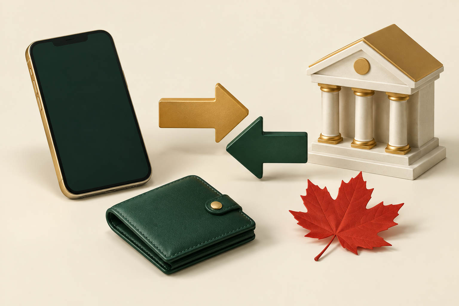 Smartphone, wallet and miniature bank with opposing arrows and a red maple leaf representing Canadian wallet payments.