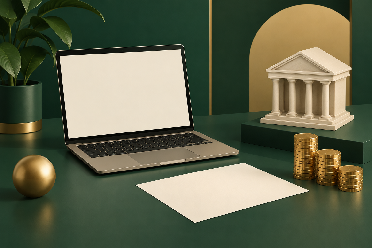 Laptop, unmarked bill, coins and a small bank model representing online bill payments.