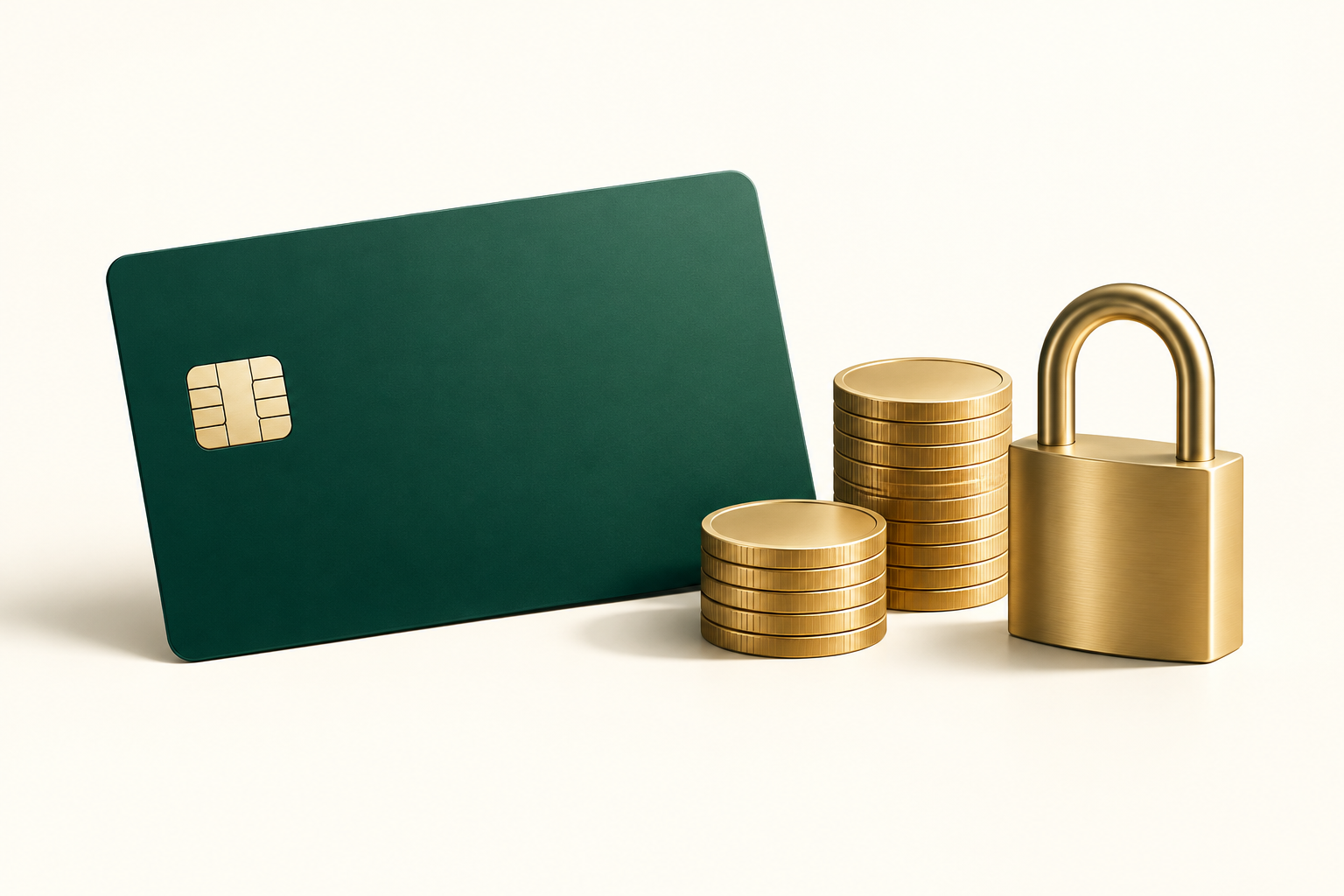 Blank blue payment card beside coin stacks and a closed padlock.