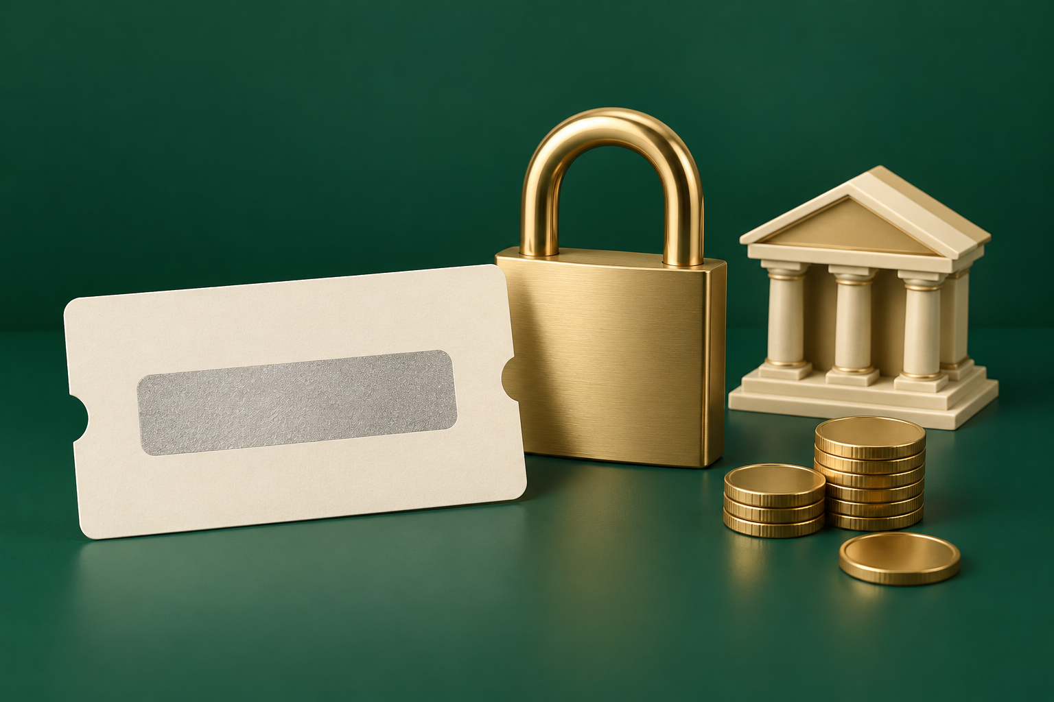 Blank prepaid voucher beside a padlock, coins and a small bank model.