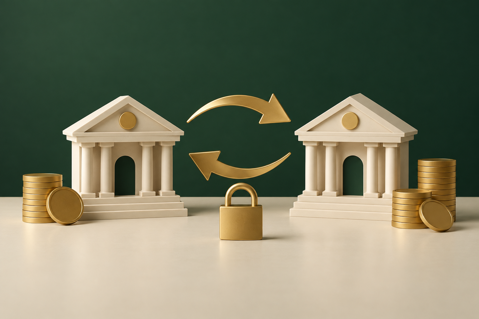 Zwei Bankmodelle mit Verbindungspfeilen, Münzen und Vorhängeschloss als Symbol für Banküberweisungen.