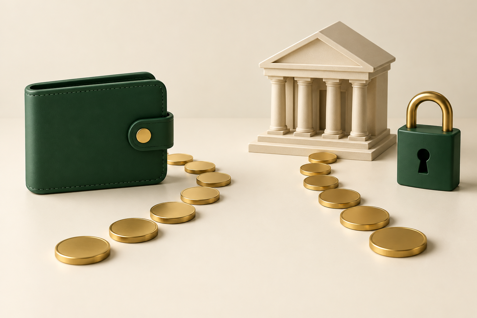 Monedero verde con dos recorridos de monedas, un pequeño banco y un candado cerrado.