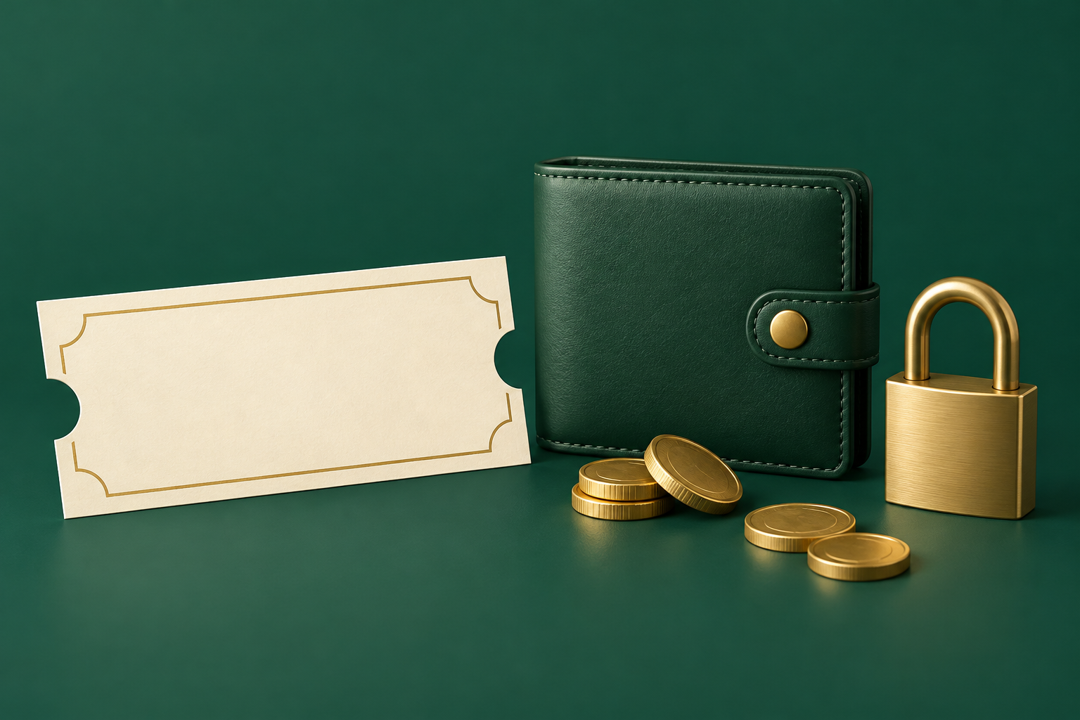 Cupón prepago junto a una cartera, monedas y un candado cerrado sobre fondo azul.