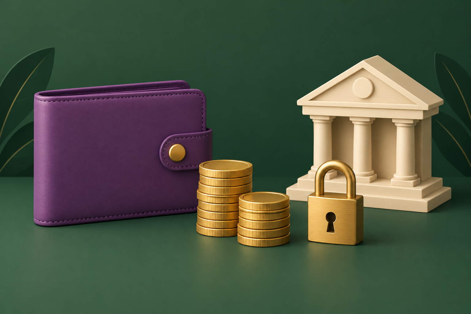 Monedero morado junto a dos pilas de monedas, un candado y una miniatura de banco.