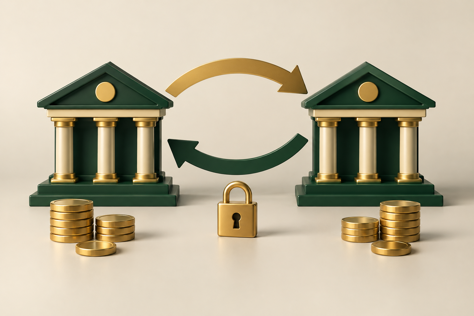 Dos edificios bancarios en miniatura unidos por flechas, con monedas y un candado.