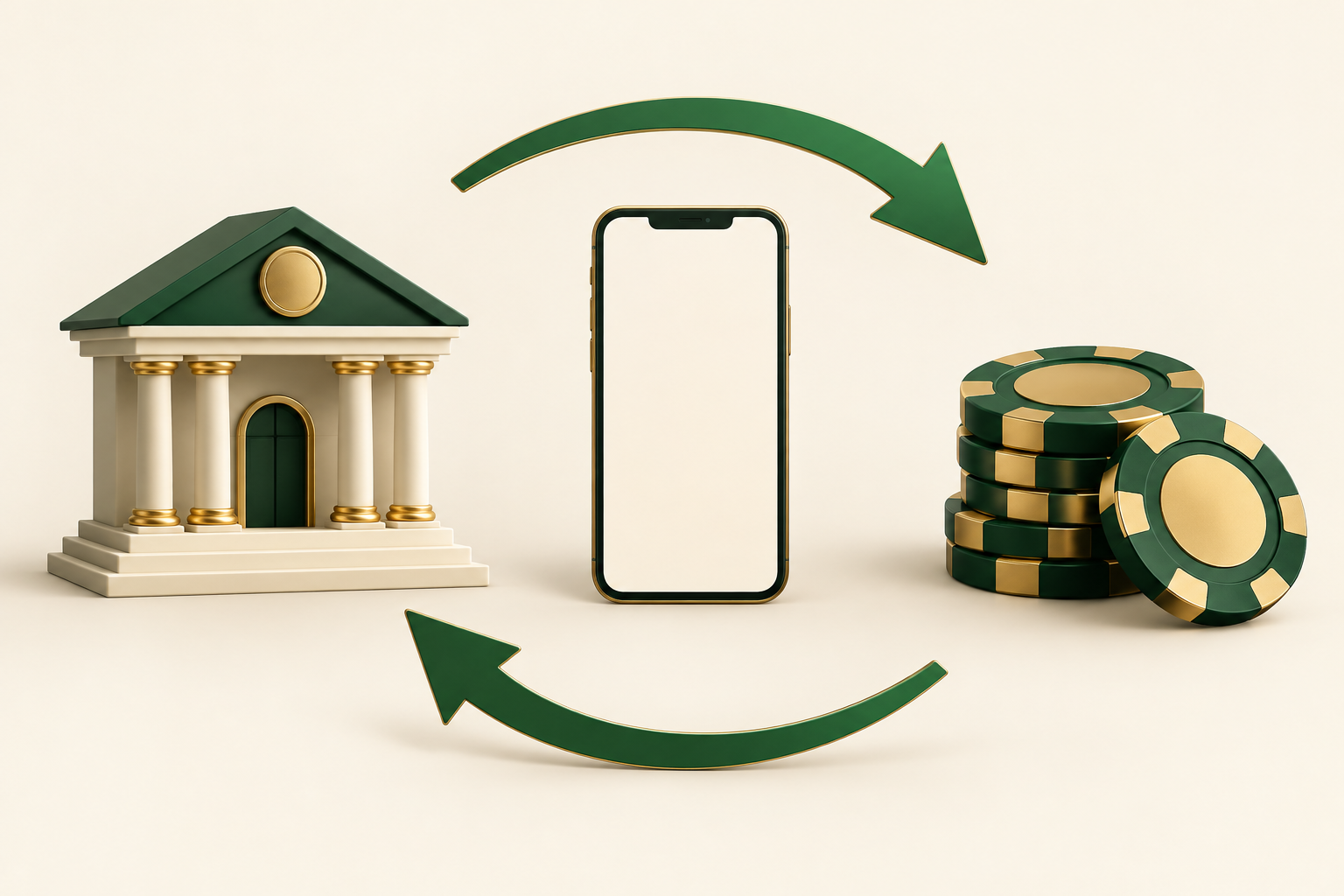 Banco en miniatura, móvil y fichas de casino conectados por flechas verdes que representan depósitos y retiradas.
