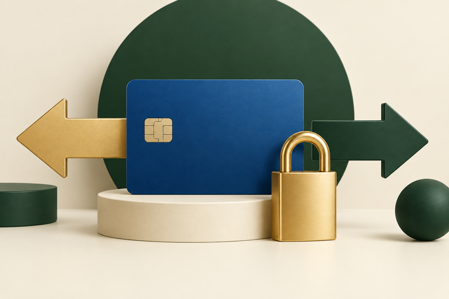 Tarjeta azul con chip, un candado y dos flechas opuestas que representan ingresos y retiradas.