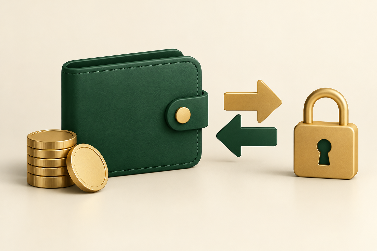 Portafoglio verde con monete, lucchetto e due frecce che rappresentano depositi e prelievi.