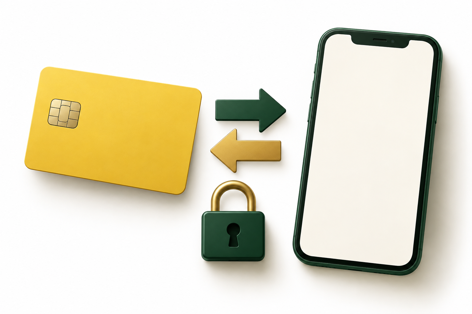 Carta prepagata gialla, smartphone e lucchetto con frecce per depositi e prelievi.