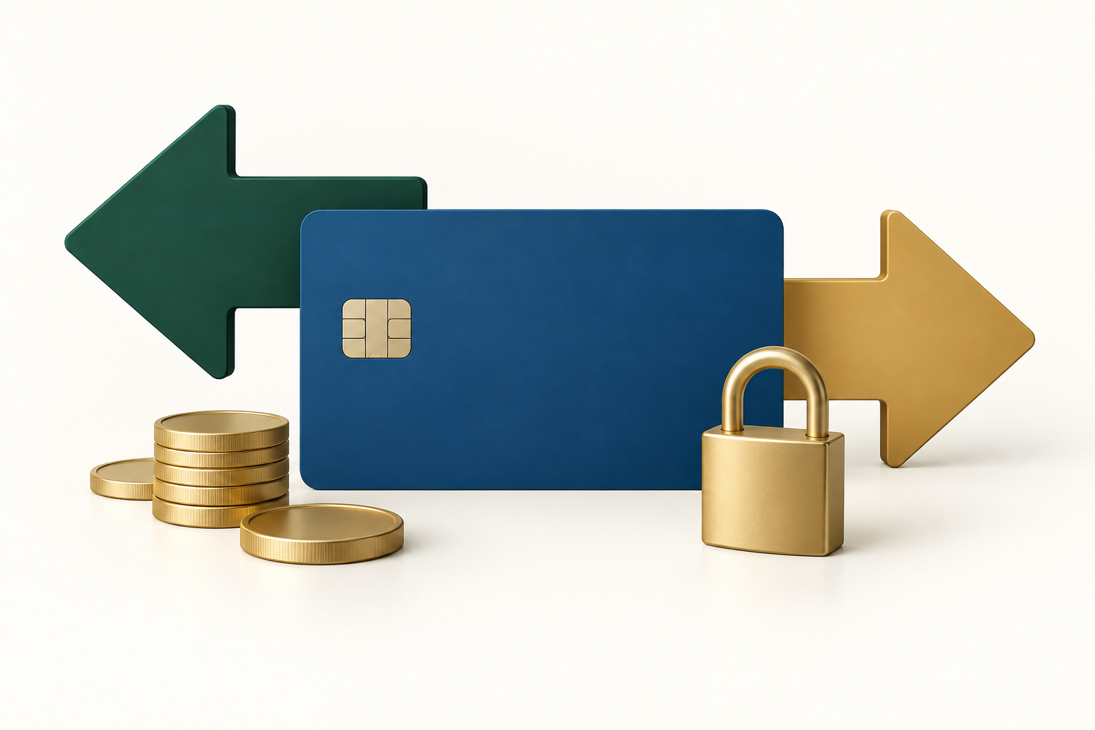 Carta di pagamento blu con chip, due frecce opposte, un lucchetto e alcune monete su fondo bianco.