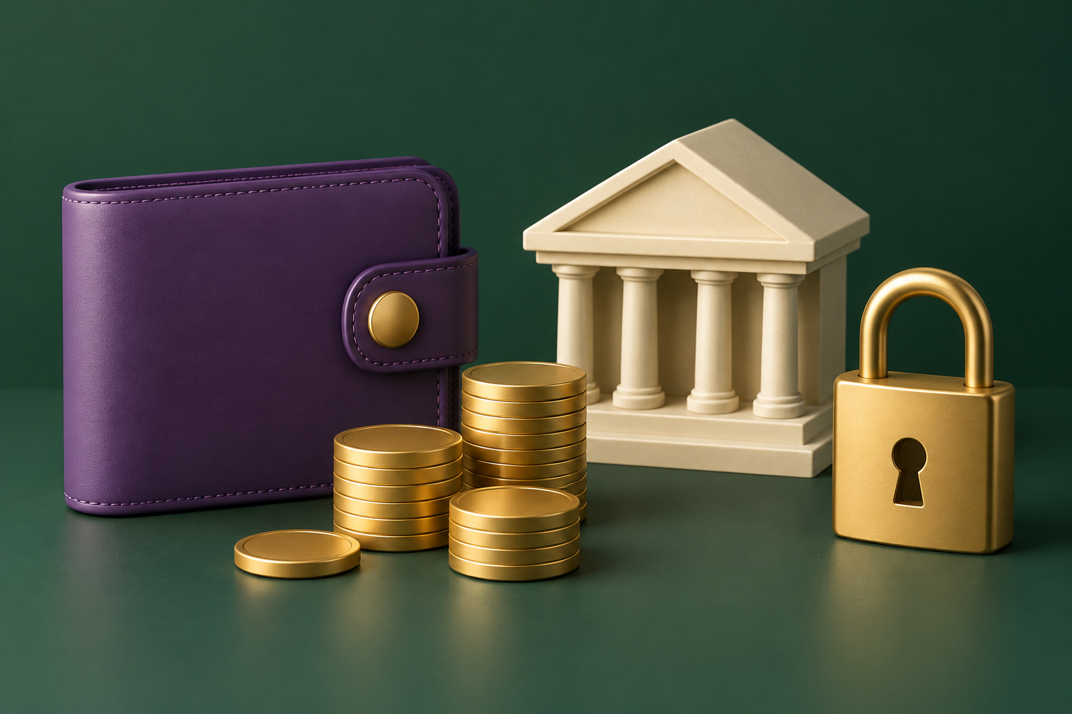 紫色の電子ウォレット端末、硬貨、銀行の模型、南京錠で資金移動と利用制限を表したイメージ