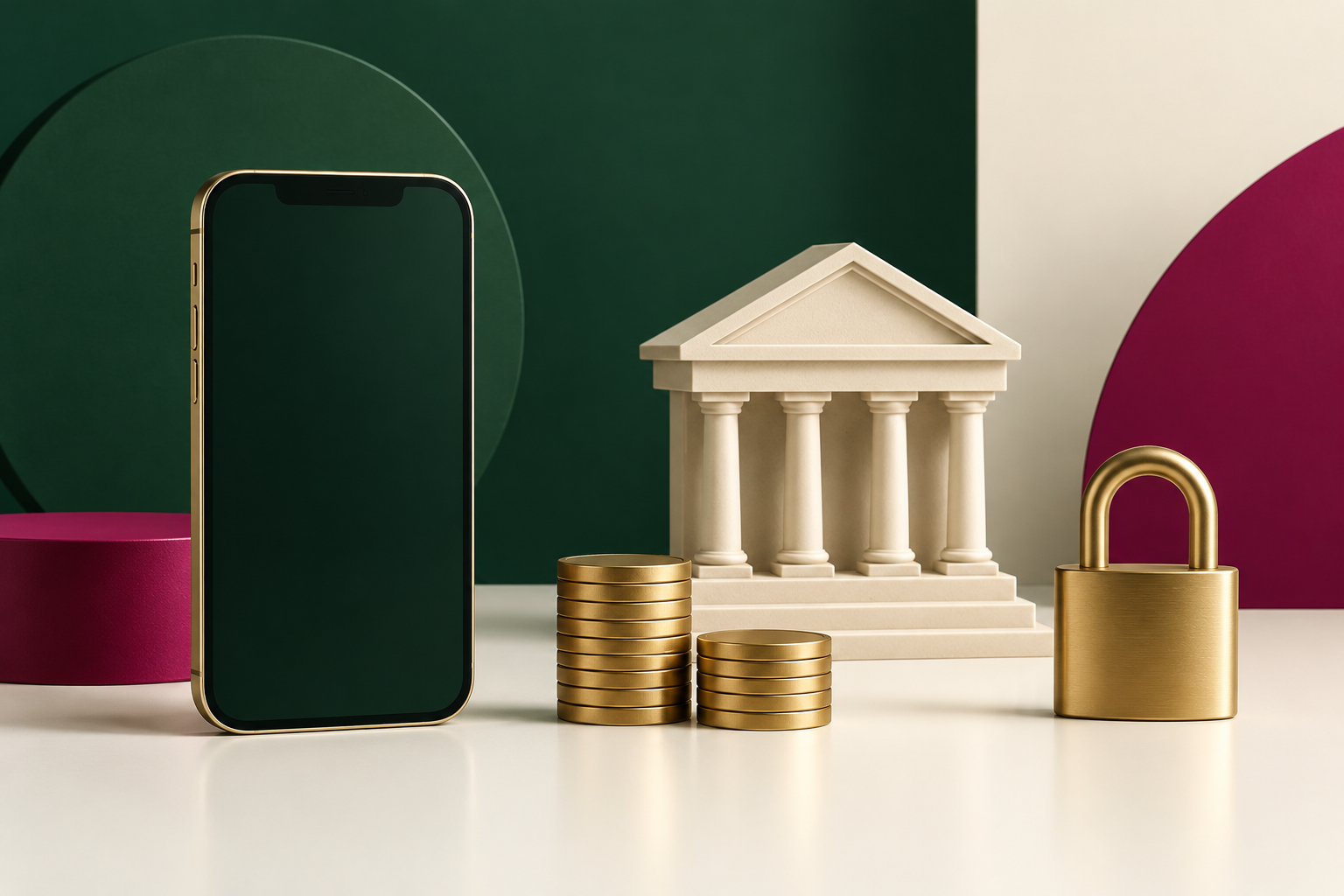 Smartphone, bankmodel, muntstapels en hangslot als symbool voor een bankbetaling.