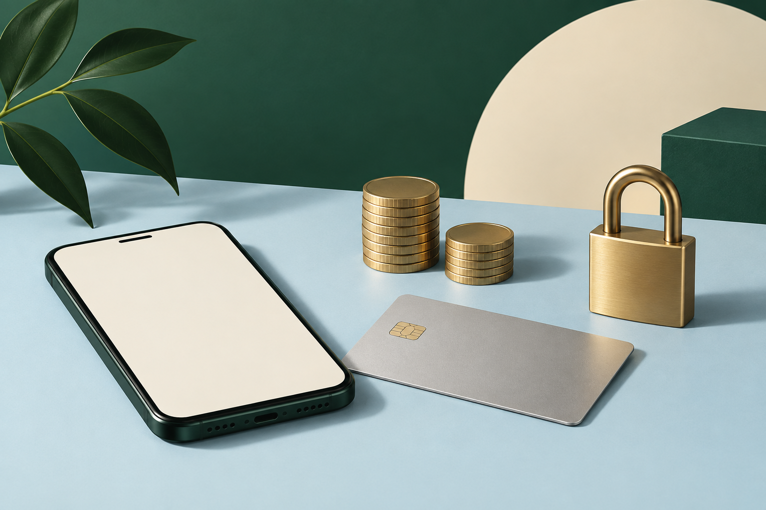Smartphone, zilverkleurige betaalkaart, muntstapeltjes en een gesloten hangslot op een lichtblauwe ondergrond.