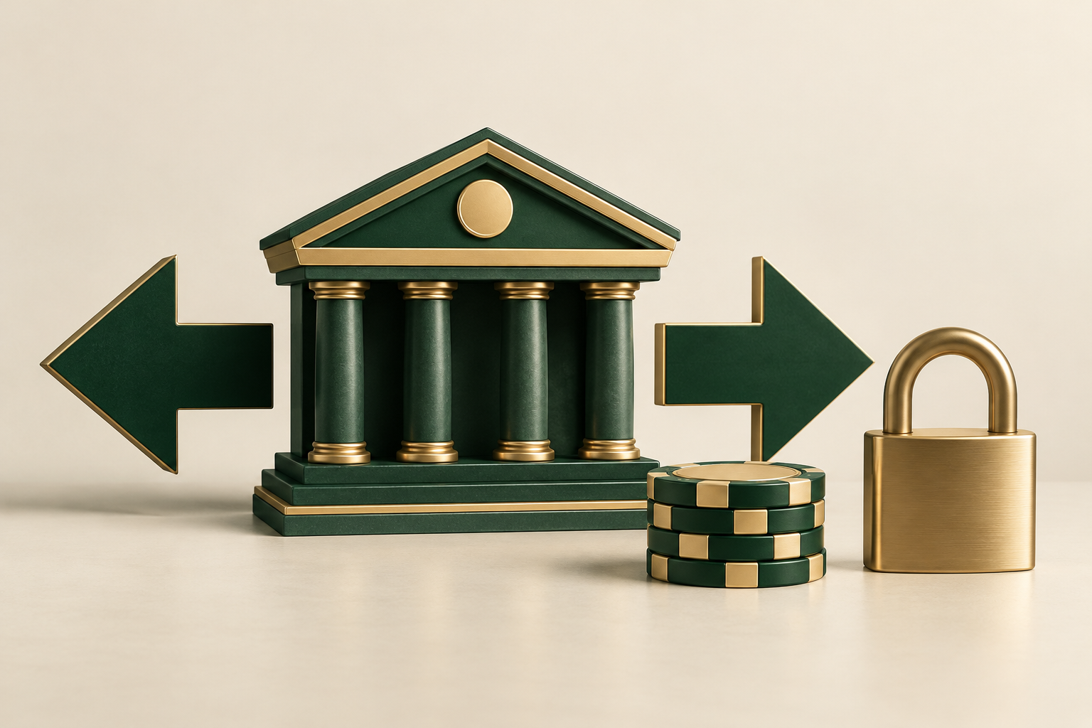 Miniatuur bankgebouw met twee groene betaalpijlen, casinofiches en een gesloten hangslot.