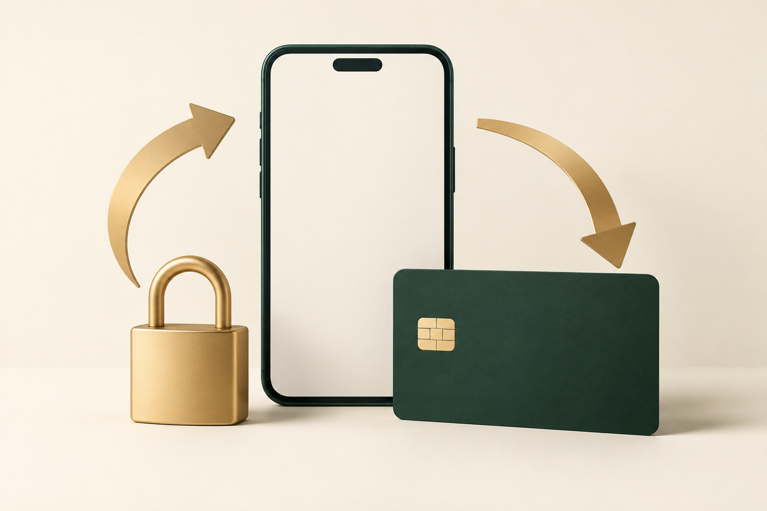 Smartphone, debit card and padlock beside two arrows representing deposits and withdrawals.