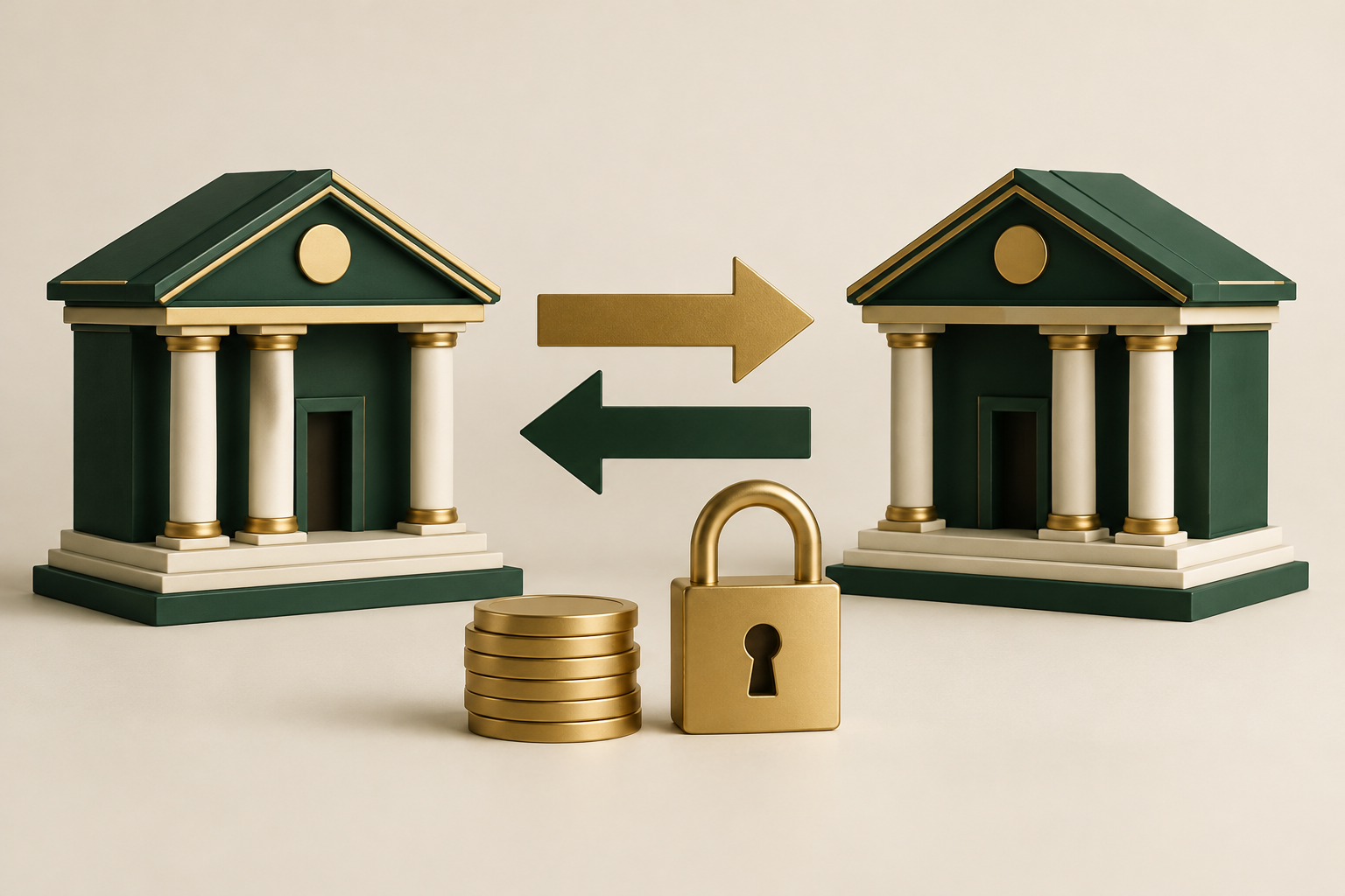 Two miniature banks connected by opposing arrows beside plain coins and a padlock.