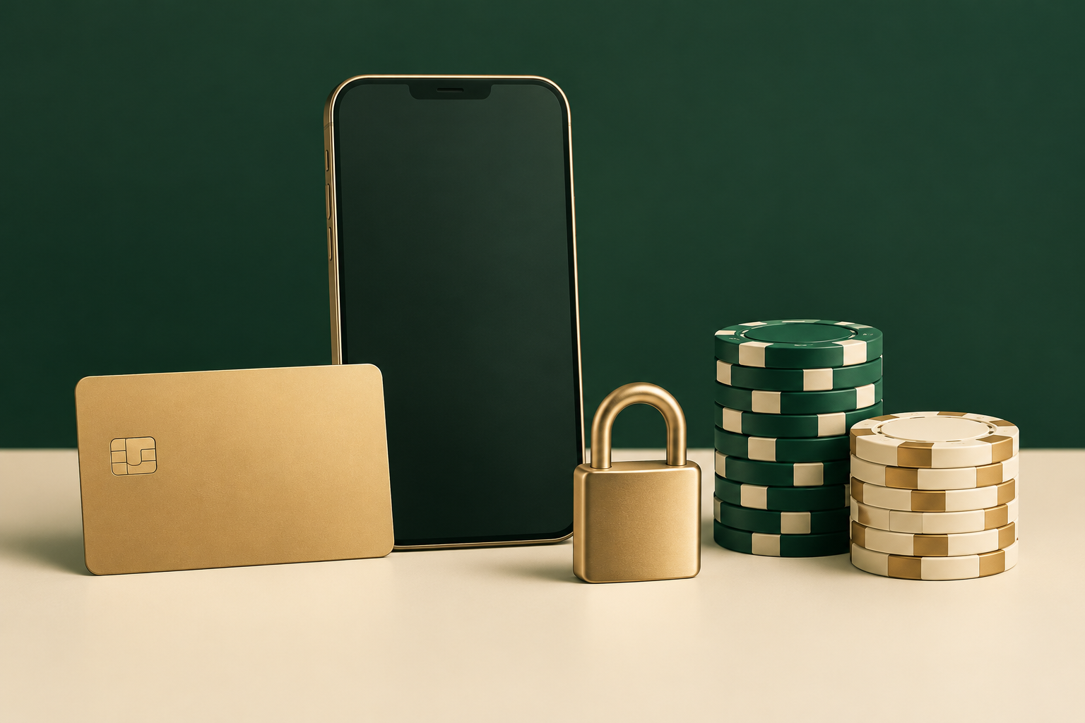 Smartphone, debit card and padlock beside two separate stacks of casino chips.