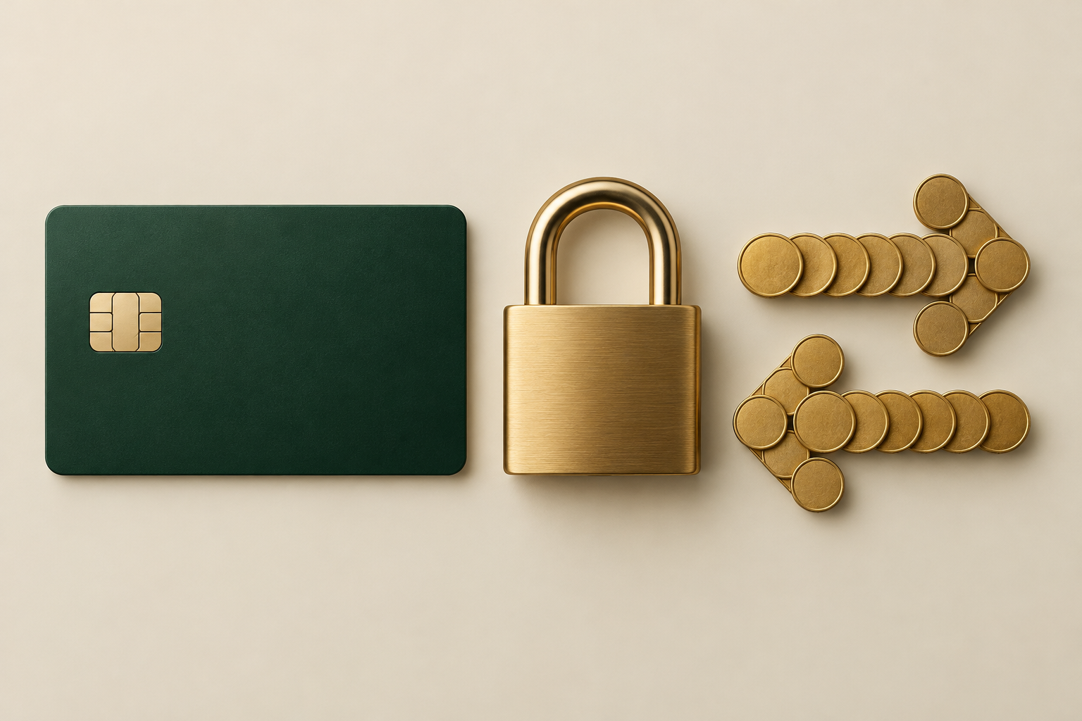 Unbranded debit card beside a padlock and opposing coin arrows representing deposits and withdrawals.