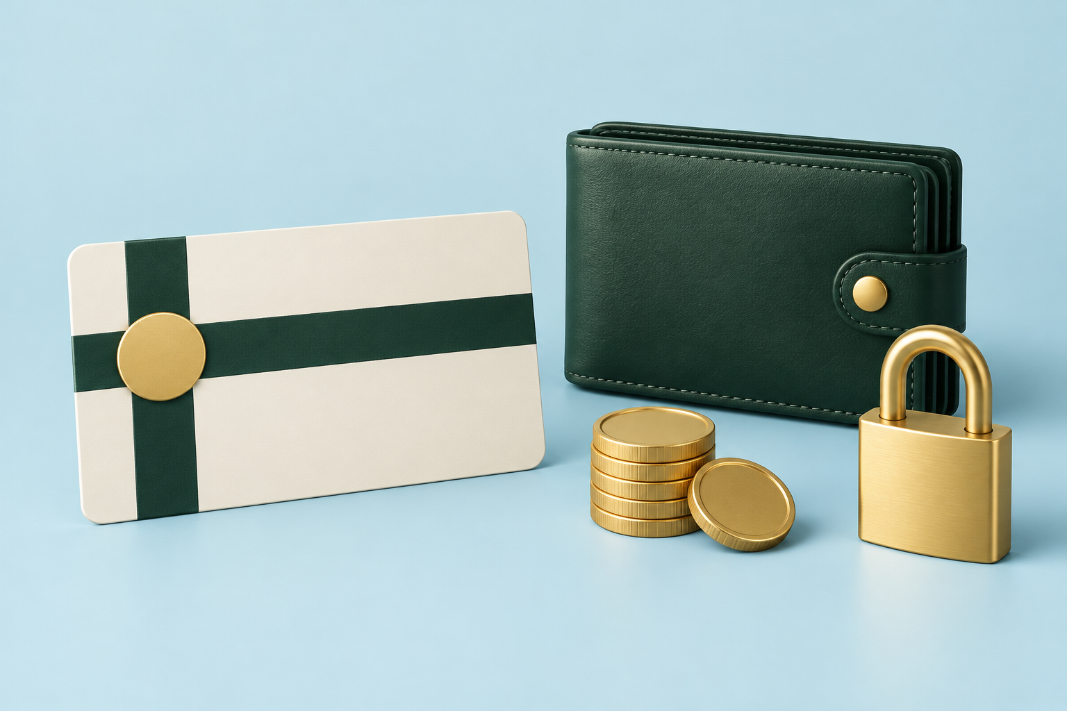 Blank prepaid voucher beside coins, a wallet and a padlock on a pale blue surface.