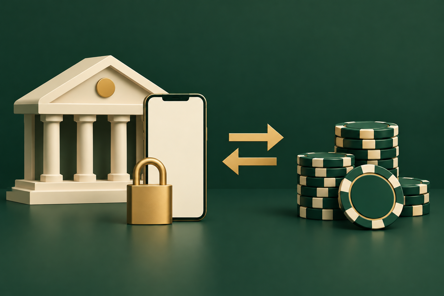 Bank building and casino chips connected by opposing arrows beside a blank smartphone and padlock.