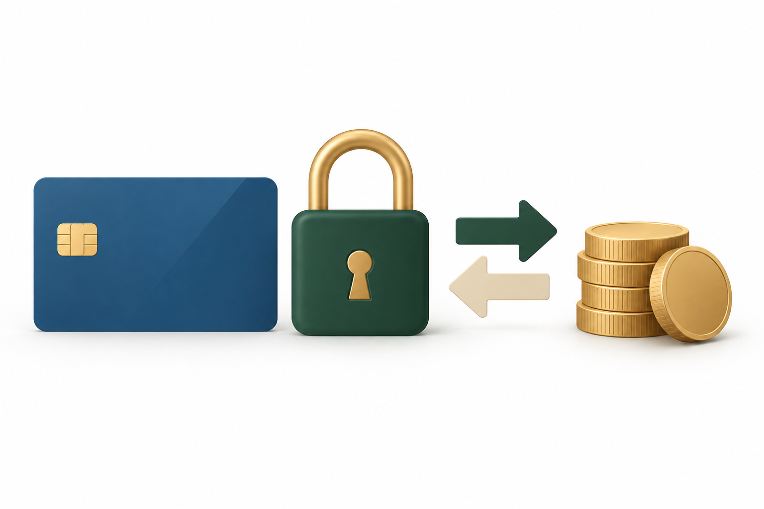 Blue debit card beside a padlock, coins and arrows representing deposits and withdrawals.